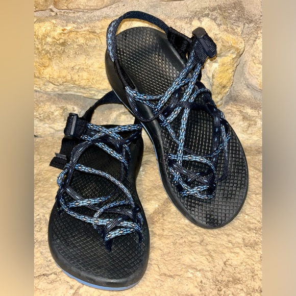 Chaco Shoes - CHACO Blue Black Hollow Eclipse 3 Strap Toe Loop Sport ZX/3 Sandals W’s 5